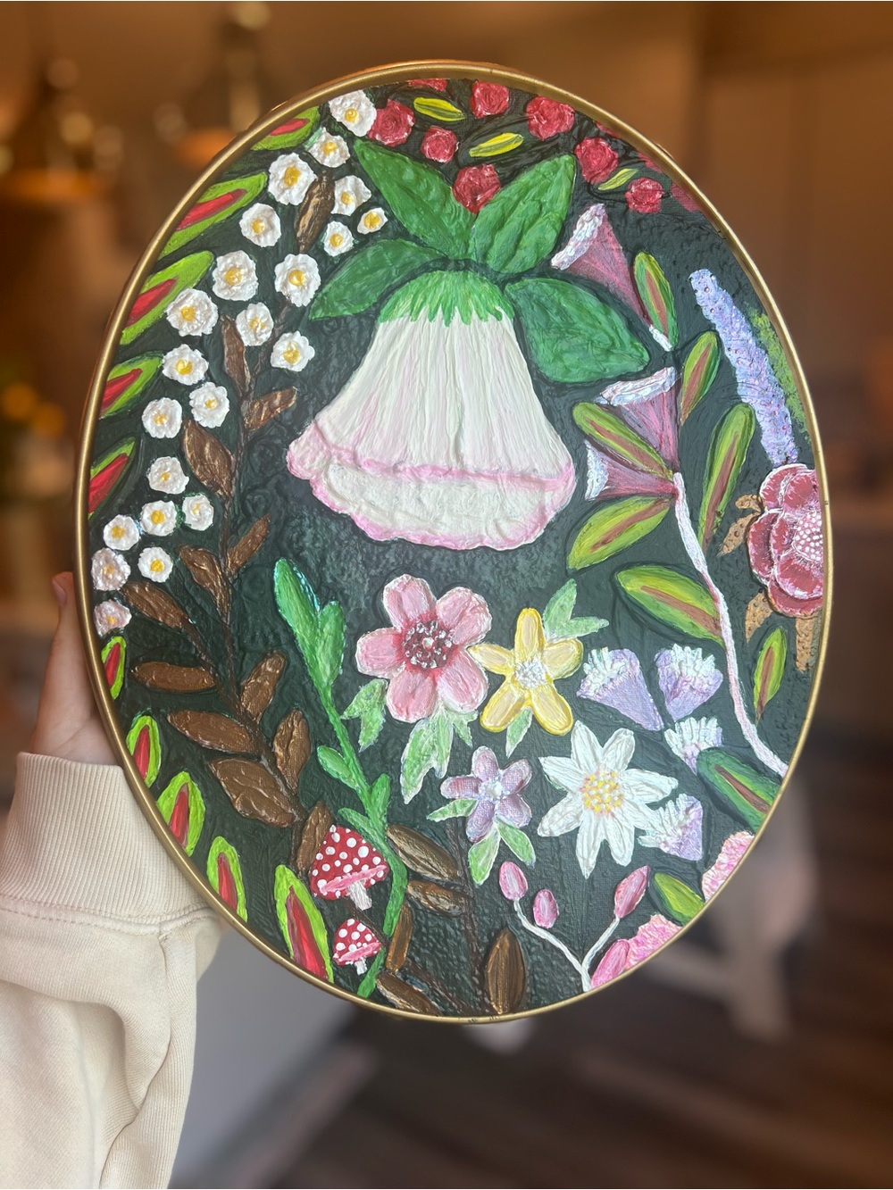 Hand-Painted Floral Oval Wall Art — Pink, Green & White